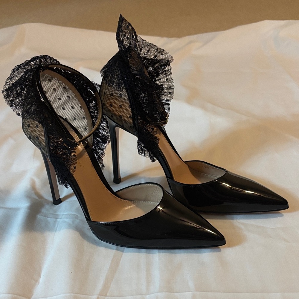 Gianni RossiBlack Patent Pointed Toe Stiletto Pumps with Sheer Lace Ankle Accent